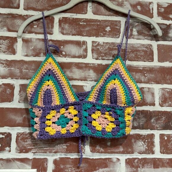 Handmade Crochet Grandmacore Knit Multi Colored Triangle Bikini Top One Size - Picture 1 of 6